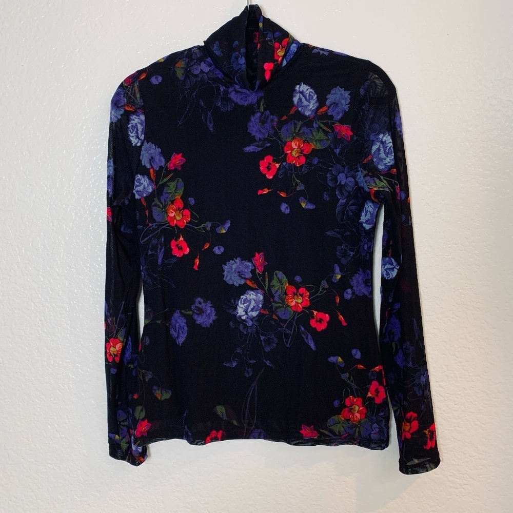 I.N.C Long-Sleeve Mesh High Neck Medium Black Moody Floral Whimsigoth Romantic